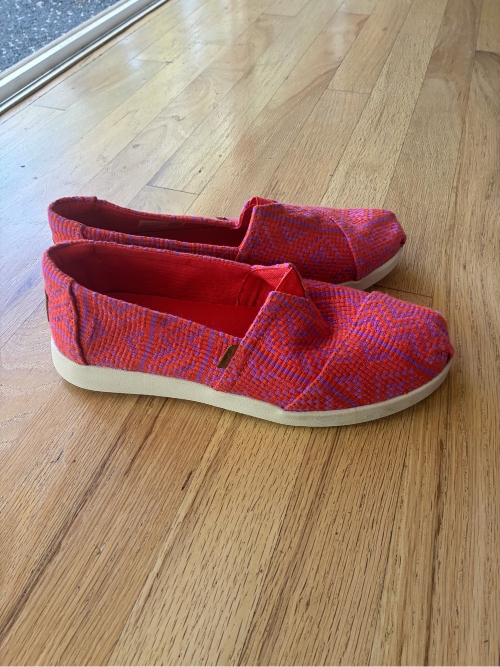 Toms Women’s Slip-On Sneakers in Red and Pink Woven Fabric